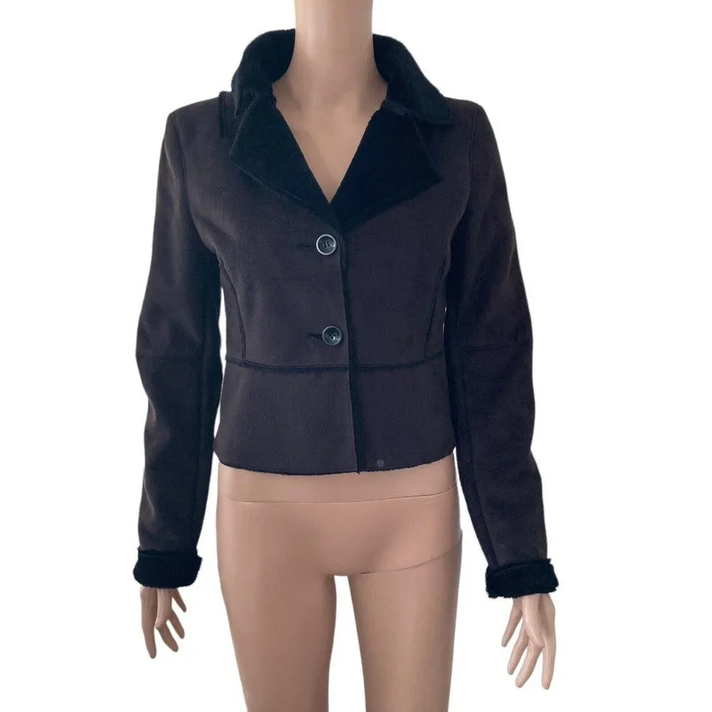 Bebe Jacket Womens XS Faux Suede Black button Front Faux Fur Lined